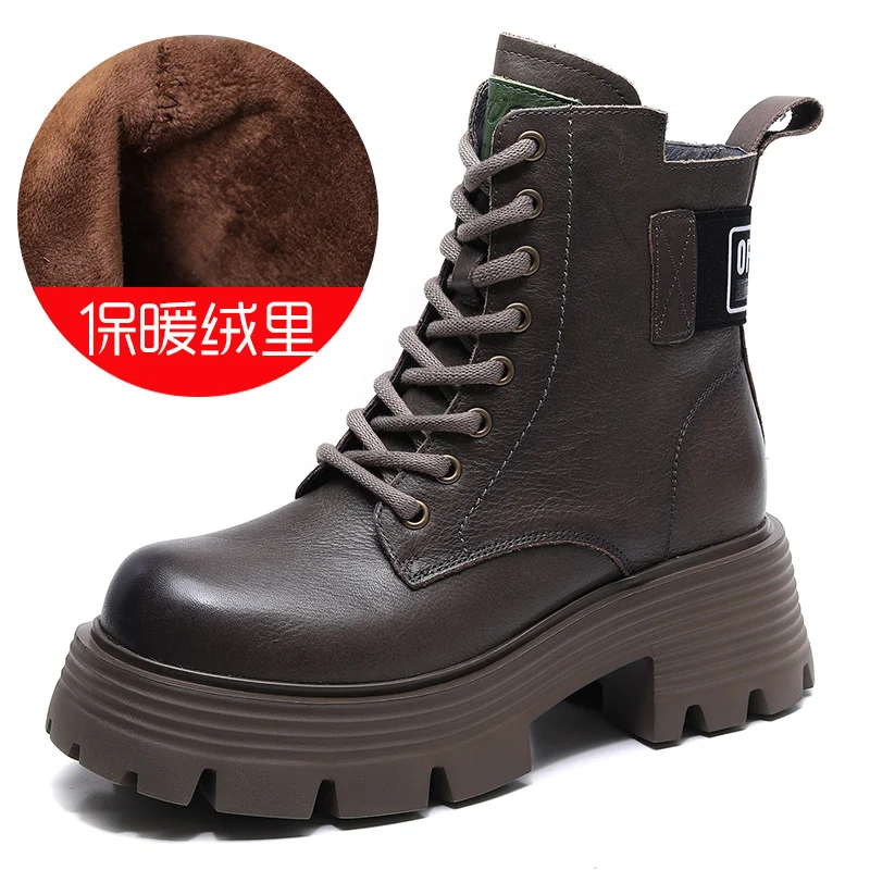 Yyvonne Head Layer Of Cow Skin Thick And Thick Bottomed Pine Cake Boots Handsome British Style Retro Martin Boots Women Height Height