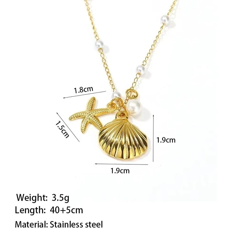 Basic Streetwear Starfish Shell Titanium Steel Artificial Pearls 18K Gold Plated Inlay Pendant Necklace