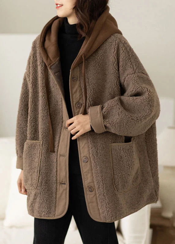 Coffee Fake Two Piece Fine Cotton Filled Teddy Faux Fur Jackets Hooded Drawstring Winter