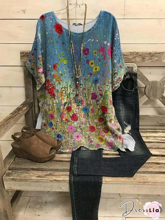 Short Sleeve Floral-Print V Neck Casual Tops