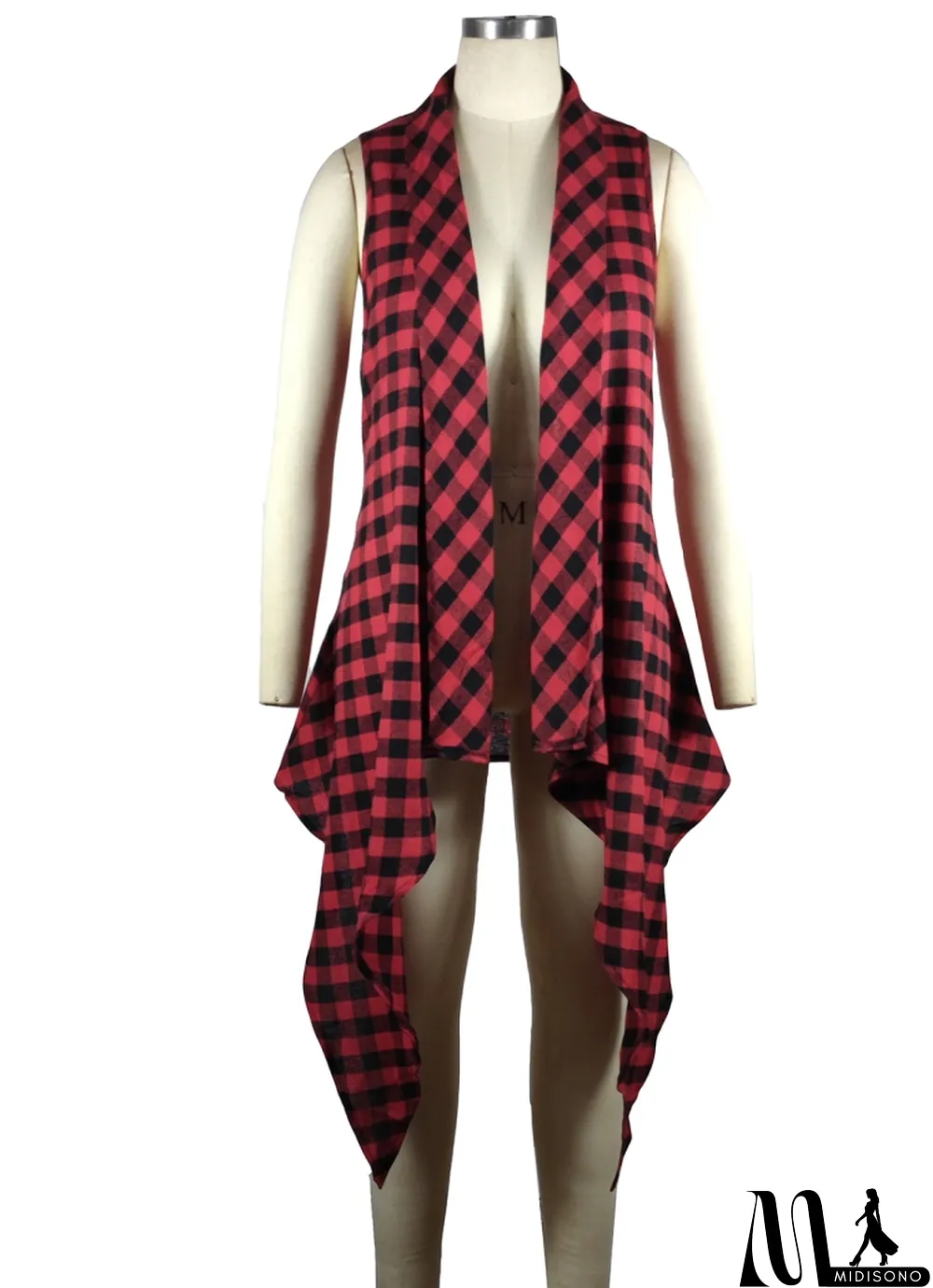 MidiSono - Spring Casual Red Plaid Cotton Irregular Long Vest Coat