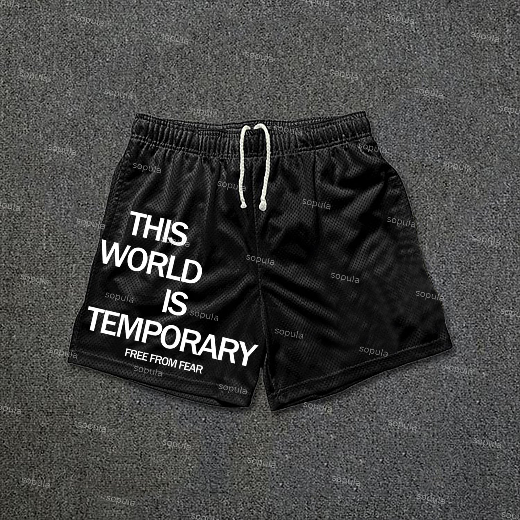 Sopula This World Is Temporary Print Drawstring Mesh Shorts
