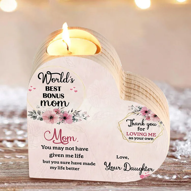 To My Mom Wooden Heart-shaped Candle Holder "World's Best Bonus Mom" Flower Candlesticks For Mother