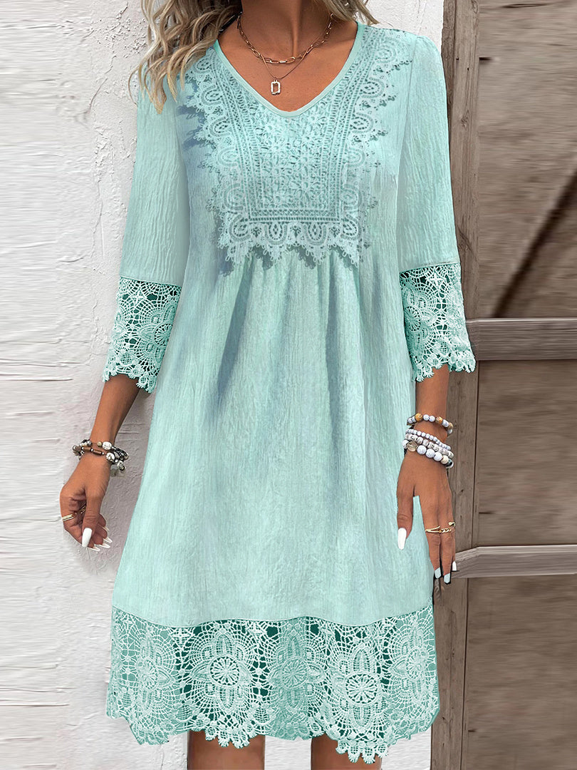 Women's 3/4 Sleeve V-neck Solid Color Lace Midi Dress