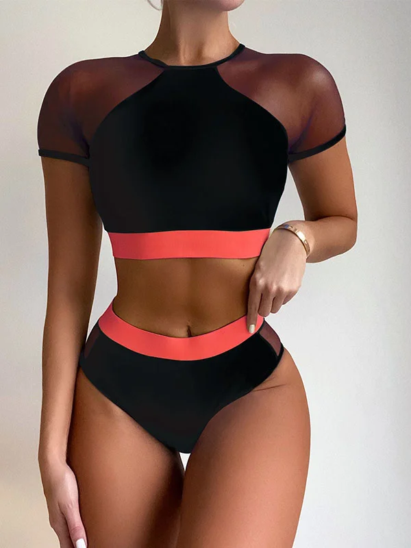 Round-Neck Split-Joint Mesh Tank High-Waisted Sexy Slim Tankini Swimwear