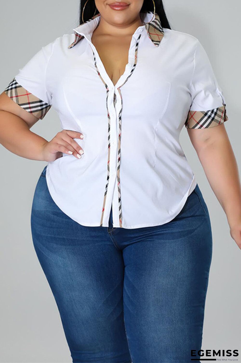 White Fashion Casual Plaid Print Patchwork Turndown Collar Plus Size Tops | EGEMISS