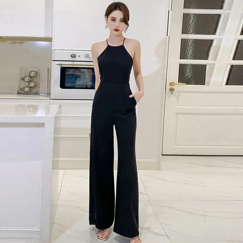 Colourp Elegant Women Long Jumpsuits Chic Sexy Sleeveless Backless Party Female Mujer Wide Leg Loose Rompers Summer Club Clothes