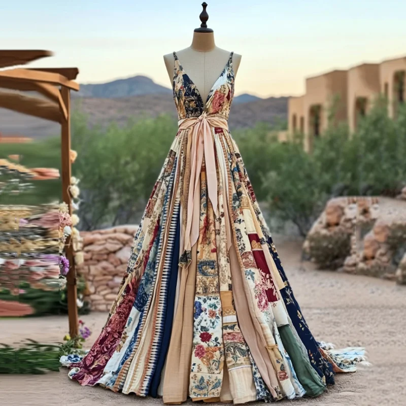 Women's Vintage Floral Art Comfy Linen Maxi Dress