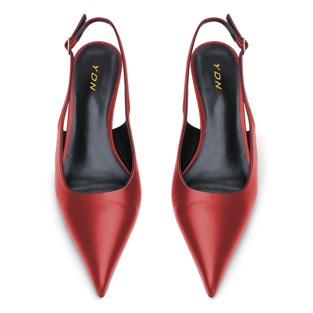 YDN Pointed Toe Slingback Red Kitten Heels with Buckle Strap