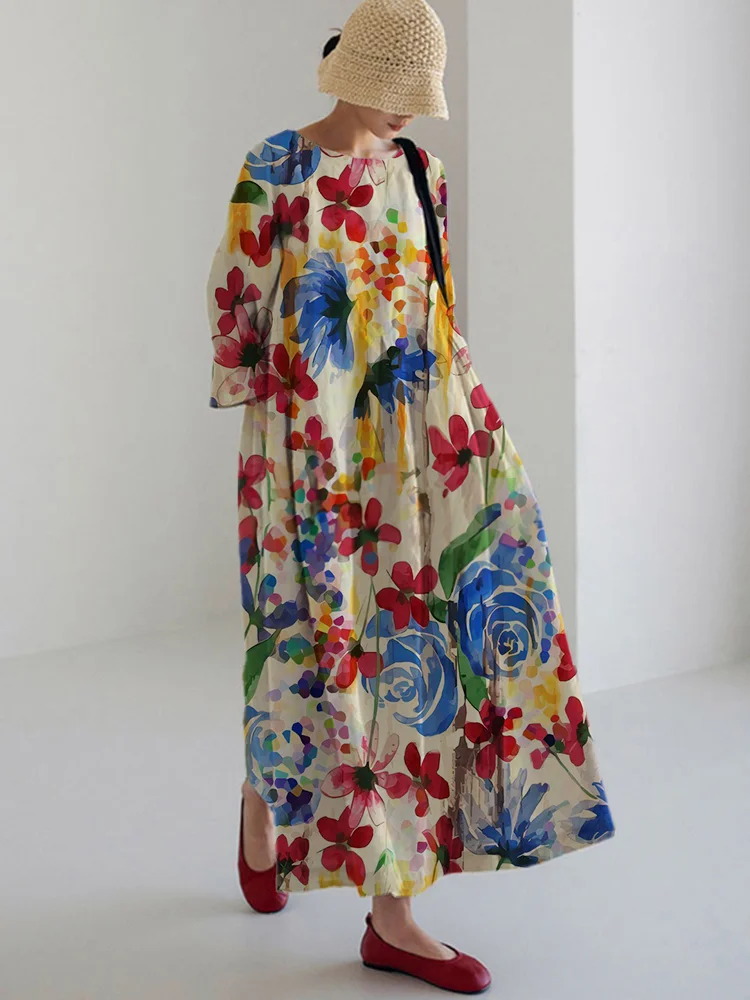 Women's Casual Watercolor Flory Print Long Sleeve Midi Dress