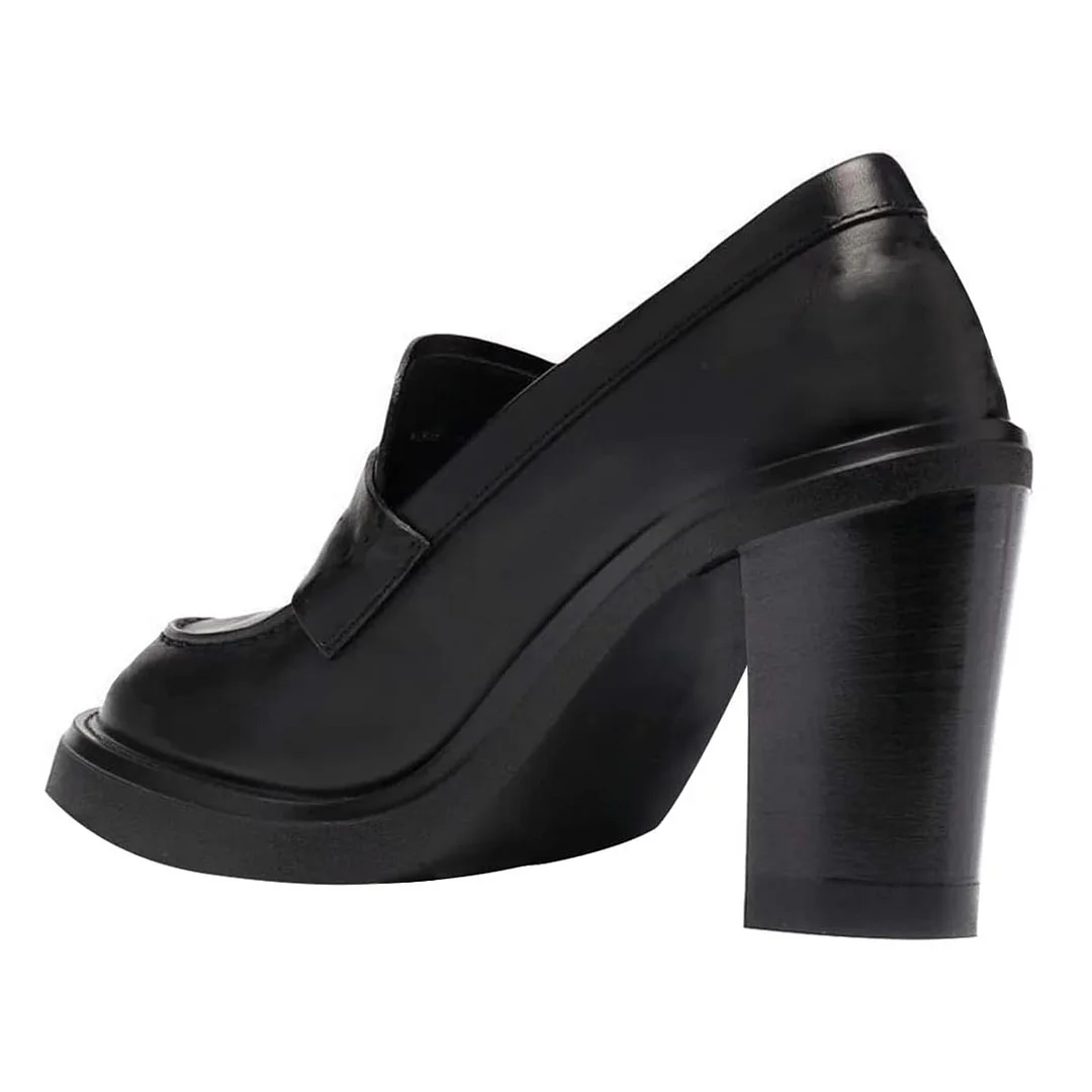 Black Vegan Leather Round Toe Block Heel Loafers for a Formal Outfit