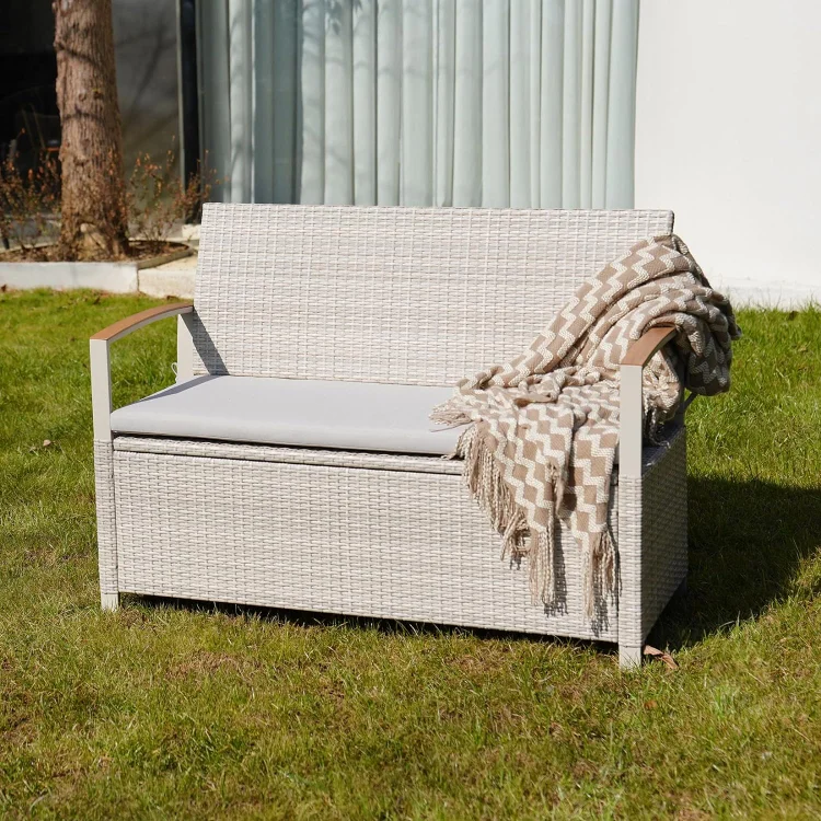GRAND PATIO Outdoor Storage Bench Deck Box with Olefin Cushion, All-Weather Wicker Deck Box with Waterproof Bag, Steel Frame Seating