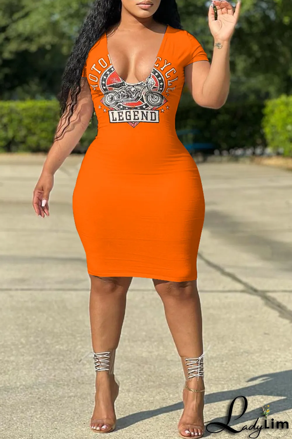 Tangerine Red Fashion Print Patchwork V Neck Pencil Skirt Dresses