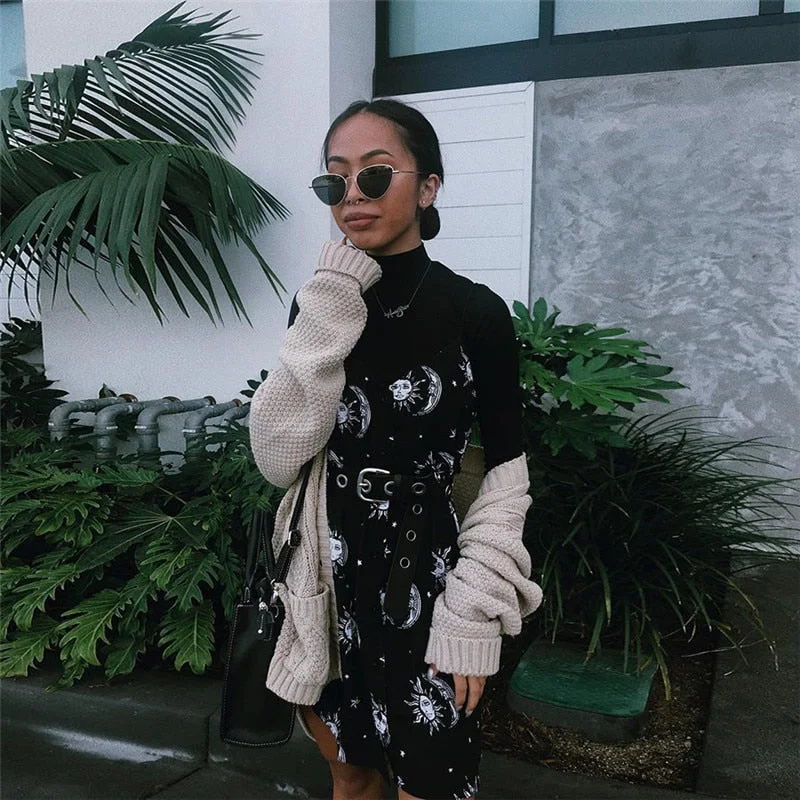 women dresses loose v-neck sleeveless mini dress black sun moon star printing Elegant Female spring summer dress new