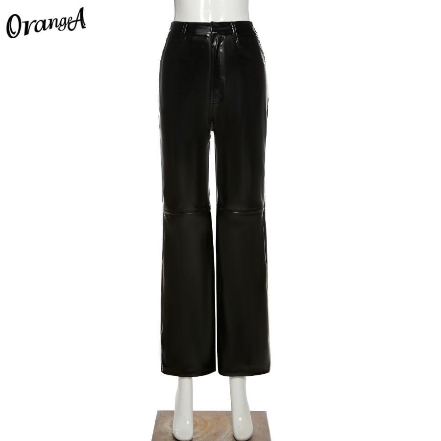 OrangeA Fashion Y2K Faux Leather Pants Women Straight Pockets Summer Elegant High Waist Trousers Office Lady Slim Vintage Pants
