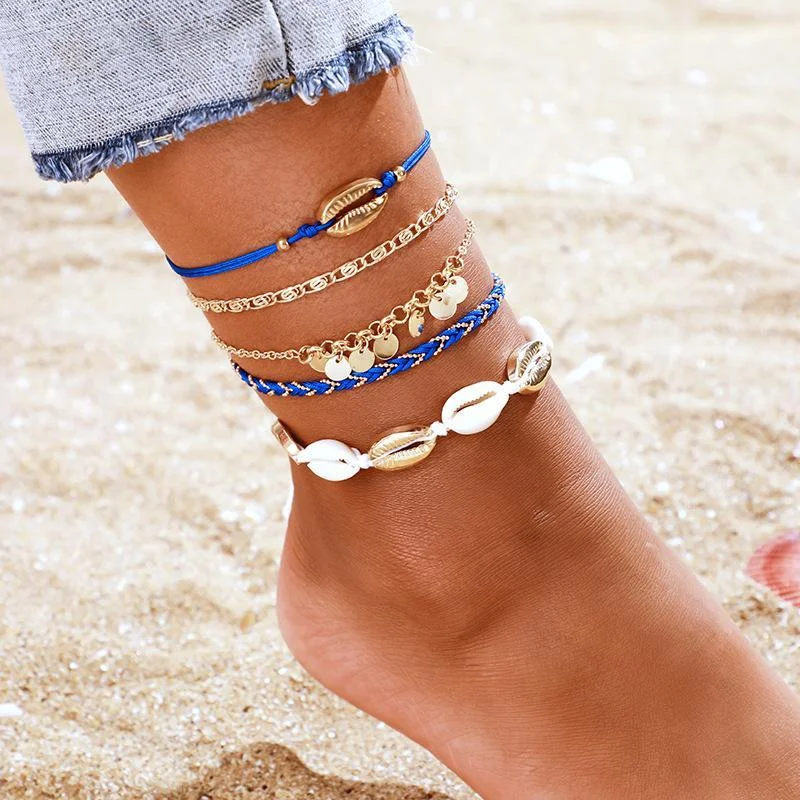 Bohemian Beach Geometric Small Round Natural Shell Braided Rope 5-piece Set Anklet