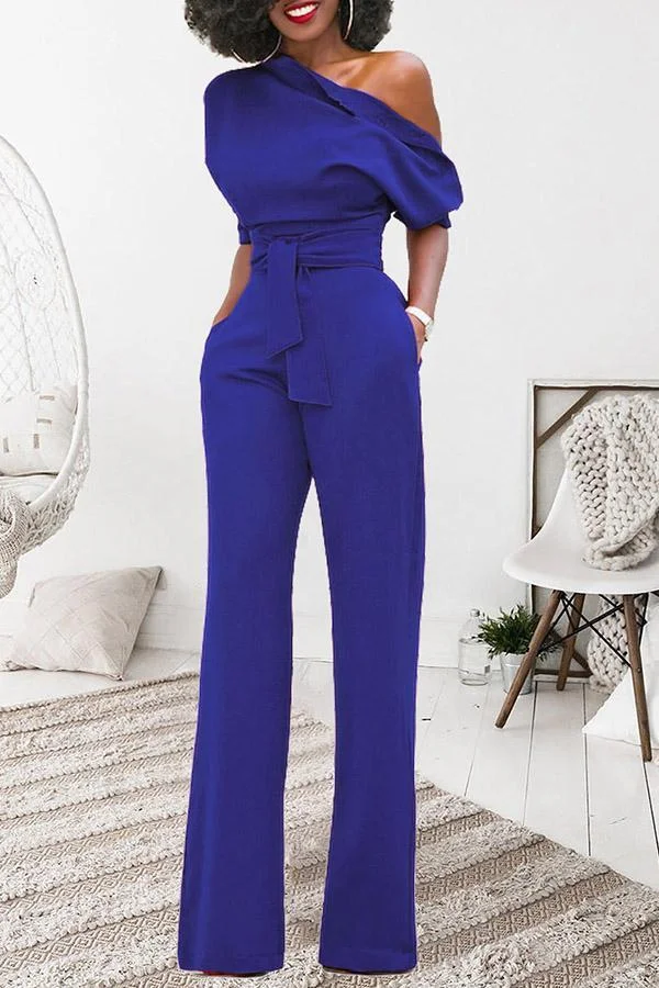 Classic Solid Color Diagonal Belt Jumpsuit
