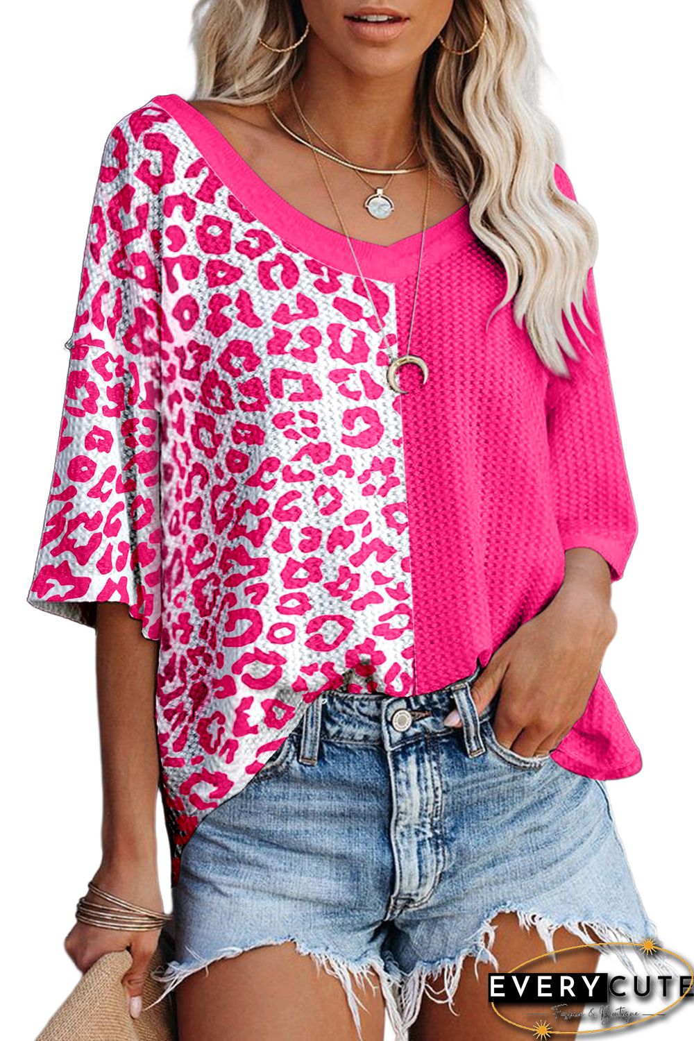 Rose Waffle Knit Leopard Solid Contrasting Blouse