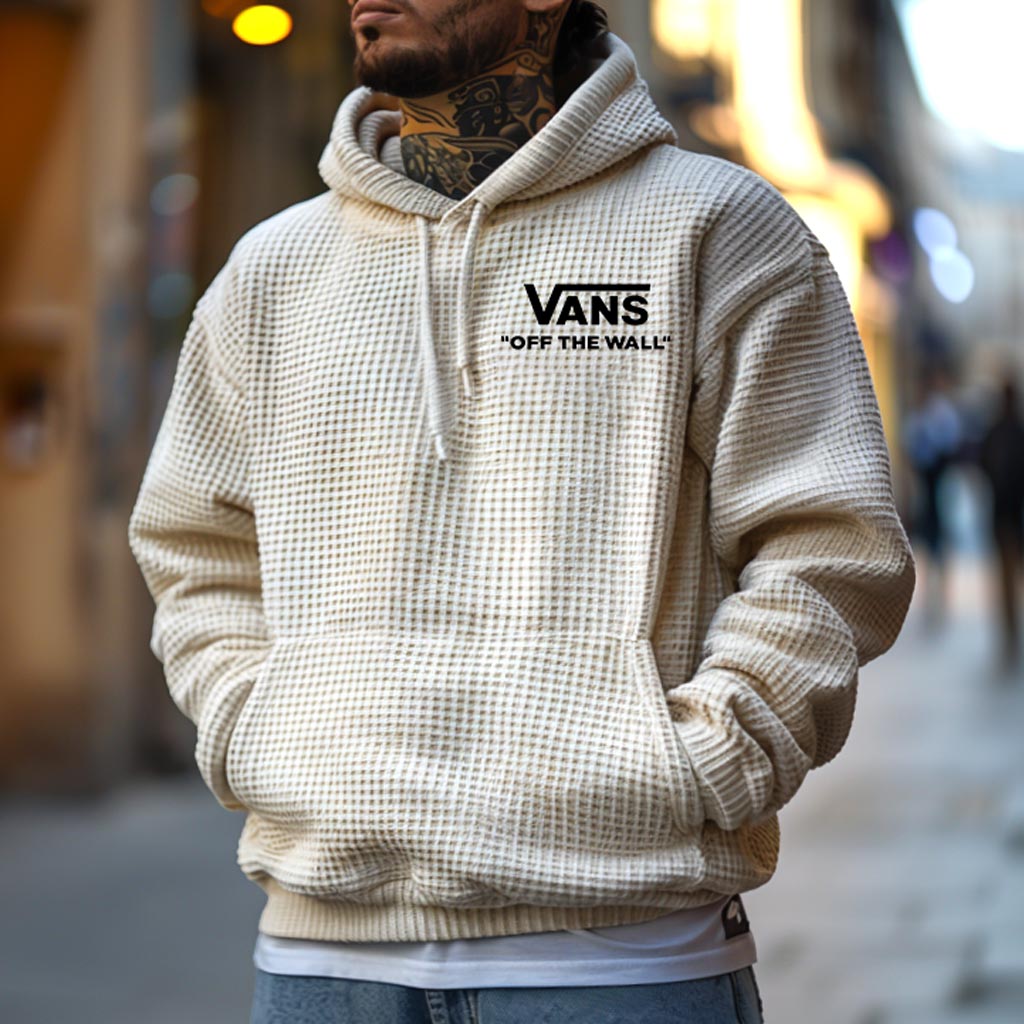 Men's Vintage Waffle Knit Off The Wall Print Pocket Long Sleeve Hoodie