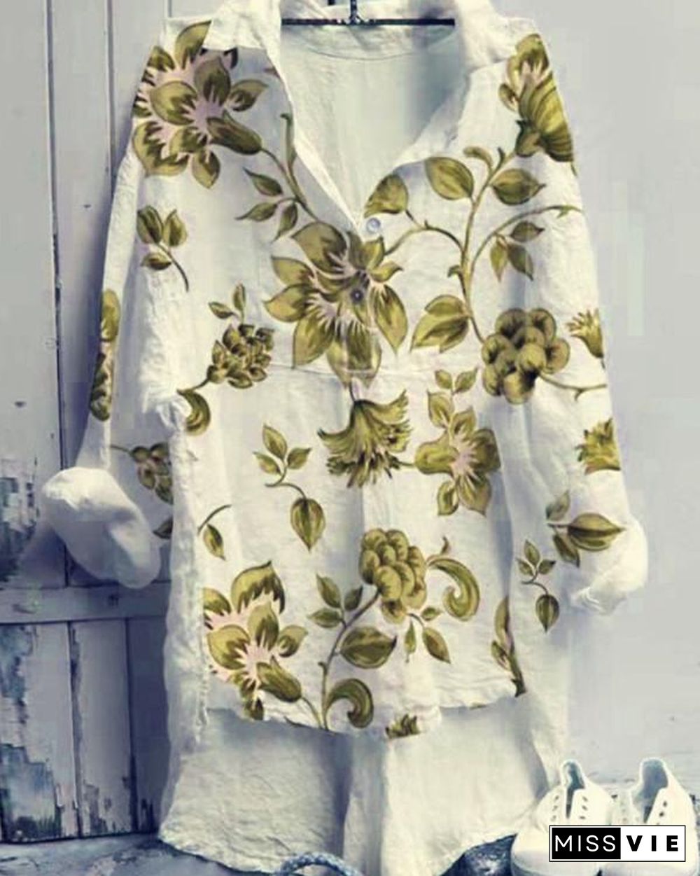 Lapel Printed Long-sleeved Shirt