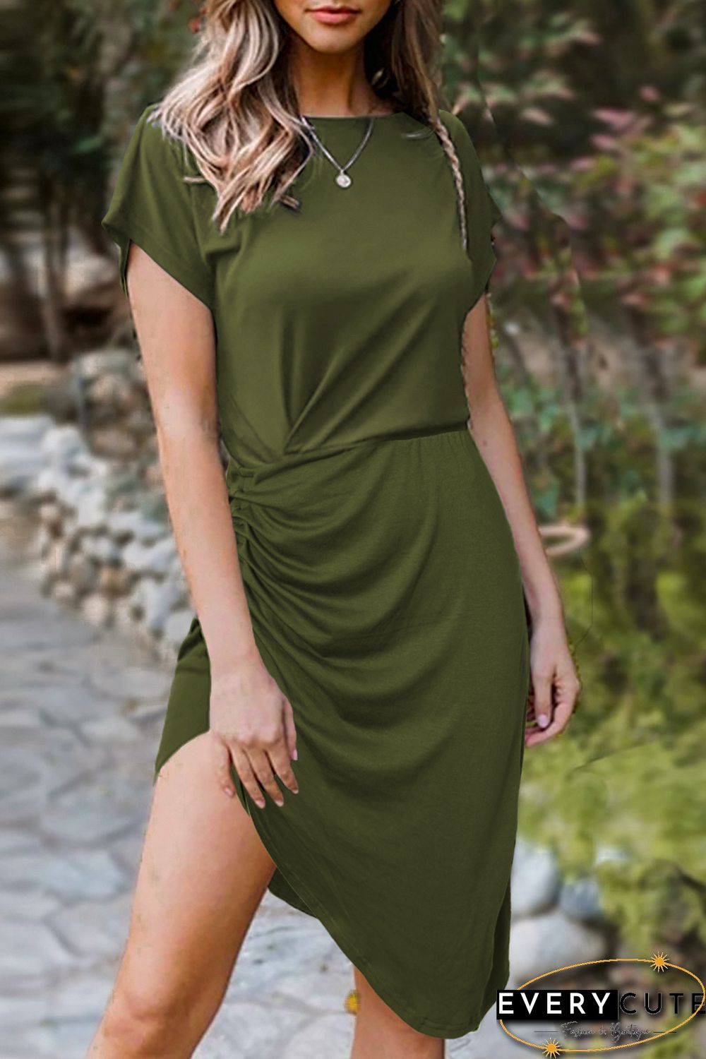 Green Side Shirring Short Sleeve Mini Dress