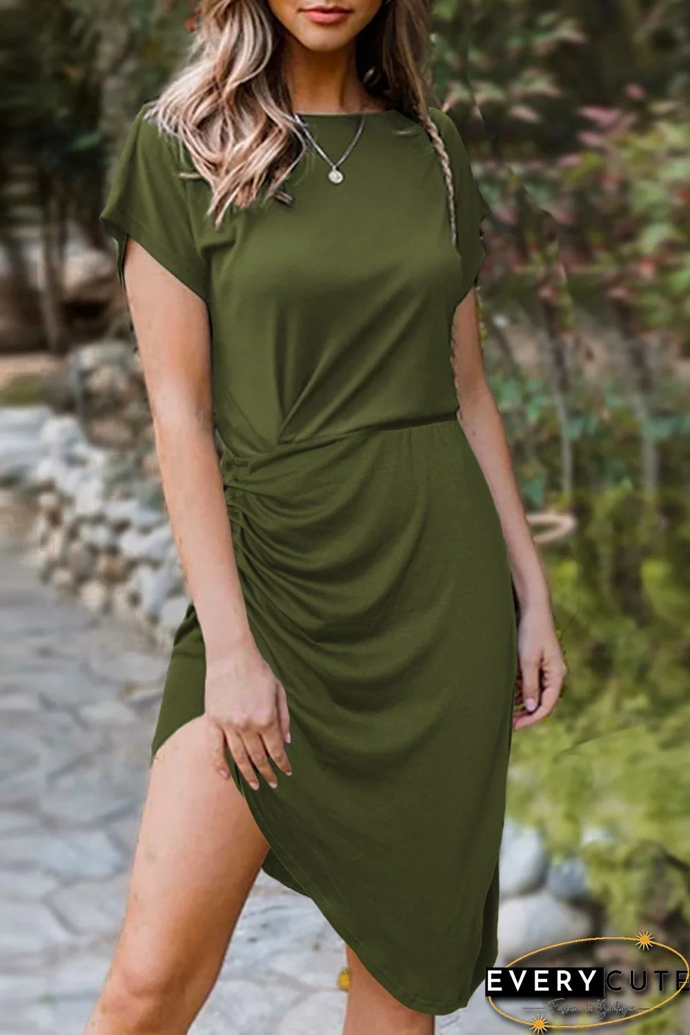Green Side Shirring Short Sleeve Mini Dress