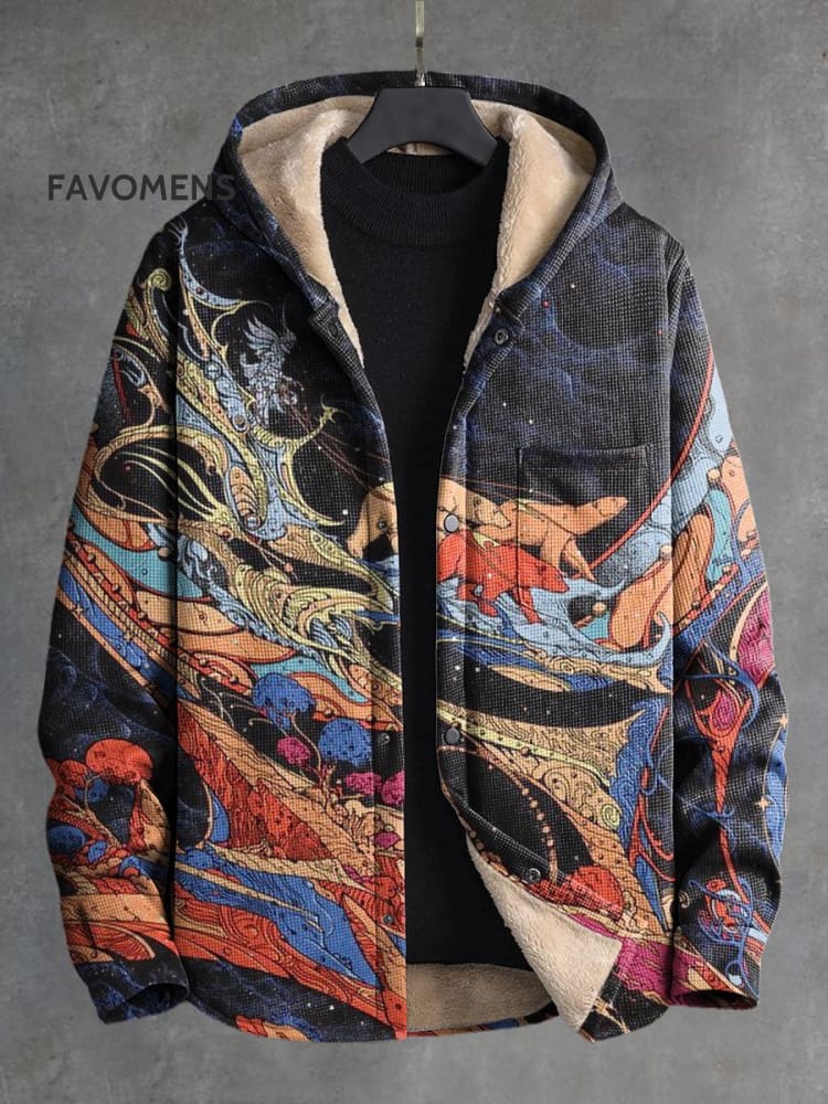 Retro Polar Bear Ring Fluid Mysterious Print Waffle Plush Thickened Long Sleeve Hooded Jacket