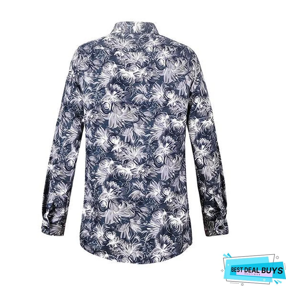 Men Casual Fashion Printed Long Sleeve Turndown Collar Shirts