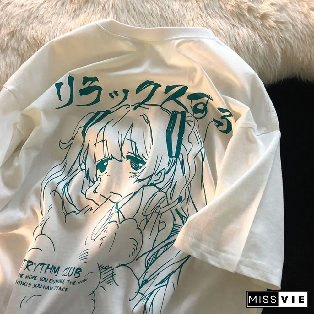 Womens Clothing-Y2K Japanese Harajuku Graphic Kawaii Shirts-Anime Print Oversized Plus