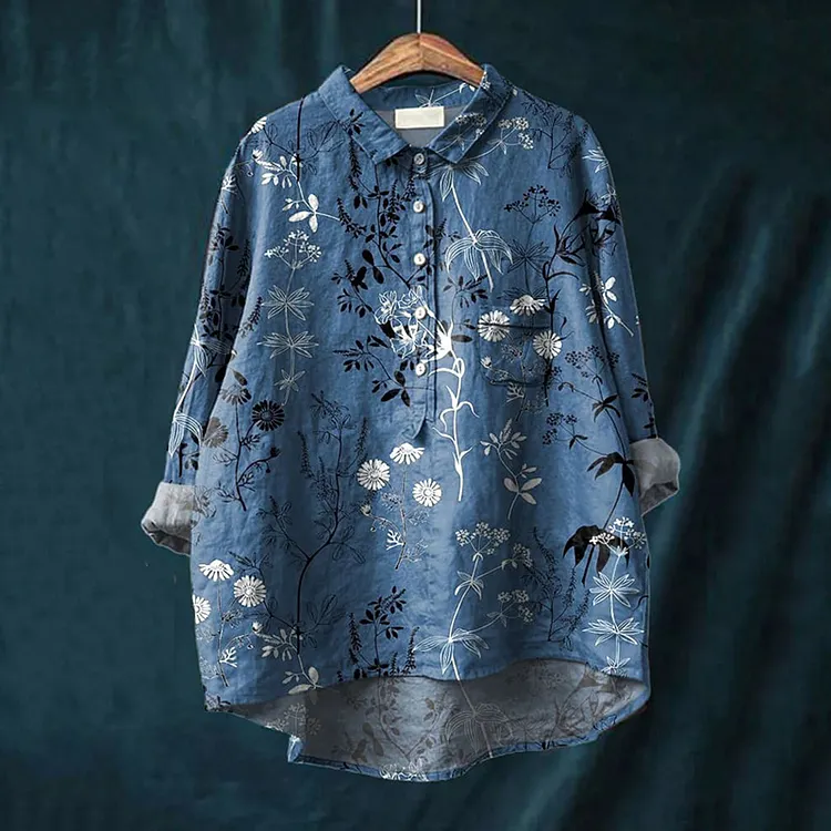 Vintage Floral Art Print Casual Cotton And Linen Shirt