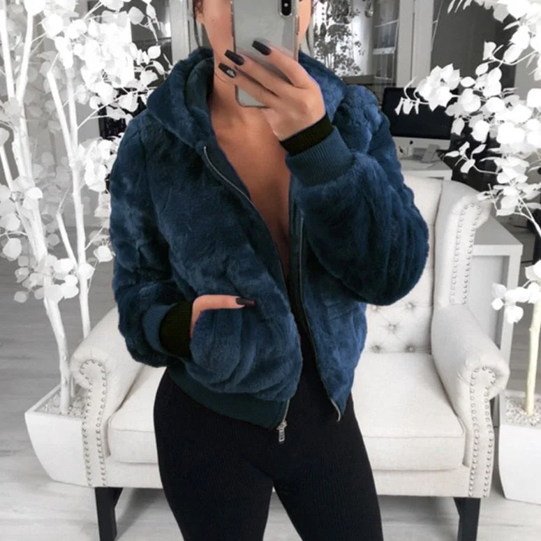 2021 European and American autumn and winter women's hooded rabbit fur faux fur plush jacket women