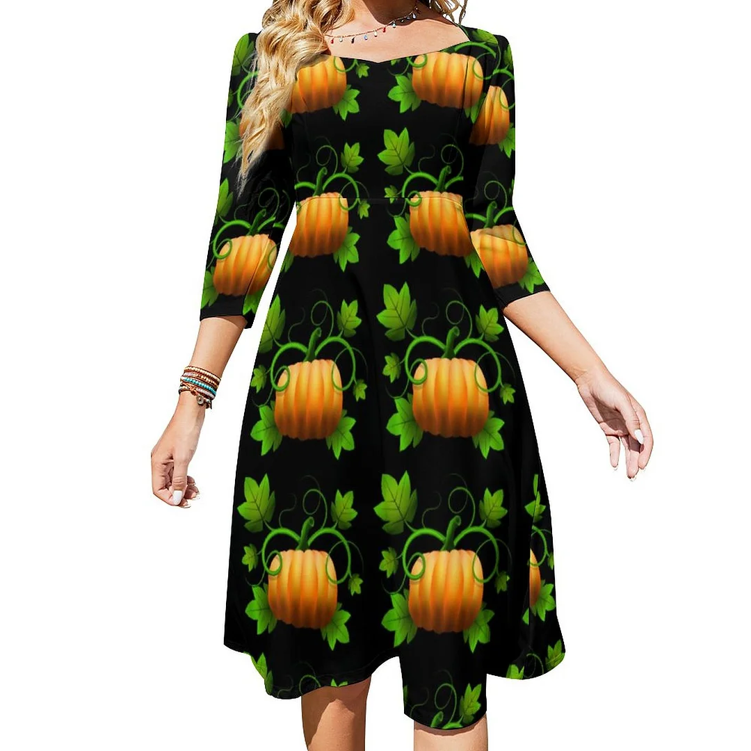 Pumpkins With Vines Thanksgiving Dress Sweetheart Tie Back Flared 3/4 Sleeve Midi Dresses