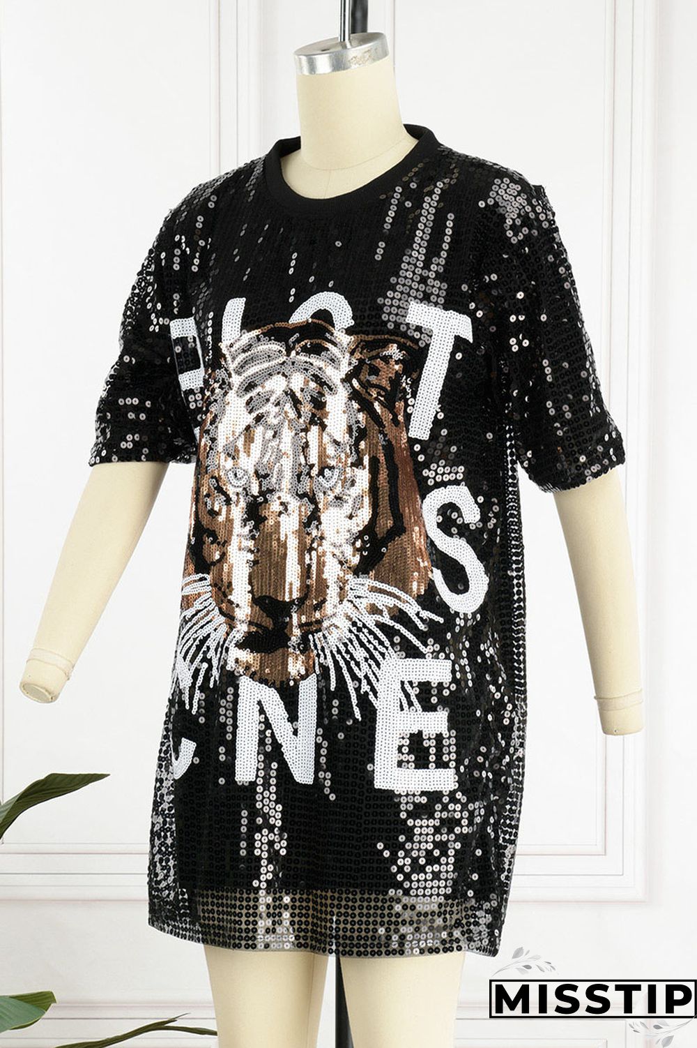 Black Street Solid Sequins Patchwork O Neck T-shirt Dress Dresses