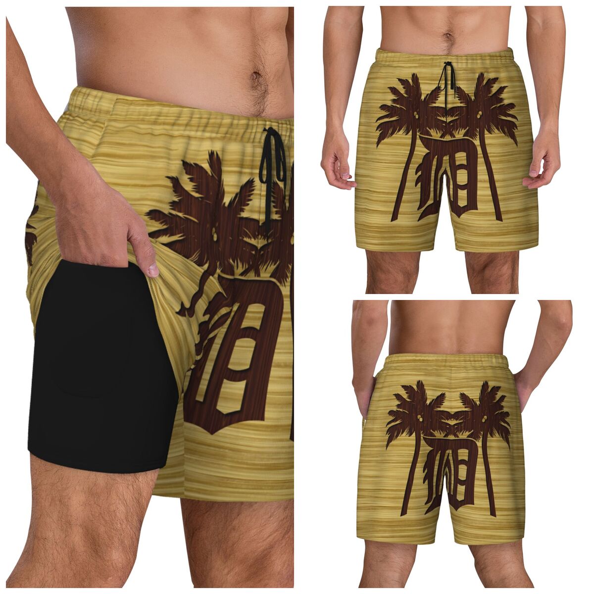 Detroit Tigers Wooden Brown Logo Swim Trunks Men