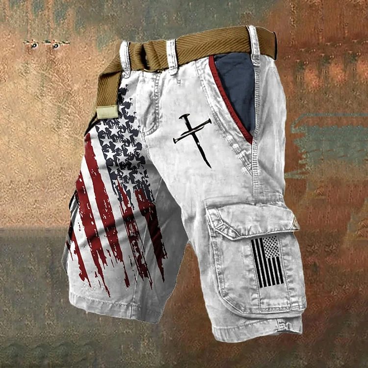 VChics Men's Independence Day Flag Print Casual Cropped Shorts