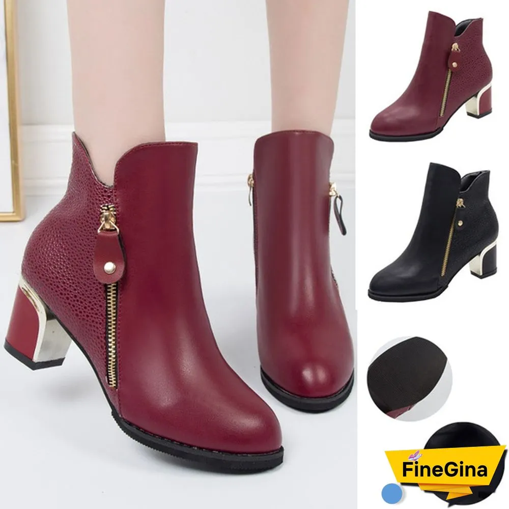 Fashion Womens Autumn Winter Ladies Shoes Leather Sexy Ankle Boots Zipper Thick Heels