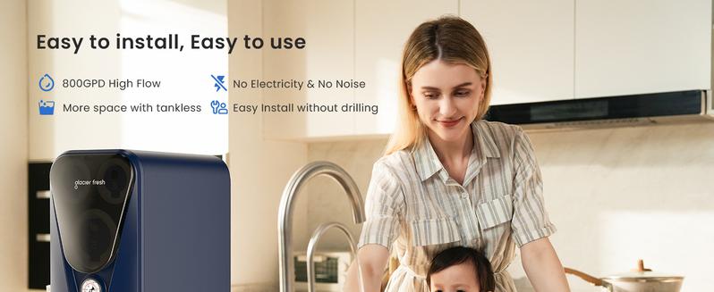 Product Introduction of Glacier Fresh 5 stage Reverse Osmosis System, 800 GPD Tankless Under Sink RO Filtration, Non-Electric, 3:1 Pure to Drain, Reduce TDS PFAS PFOS for Home Kitchen 1