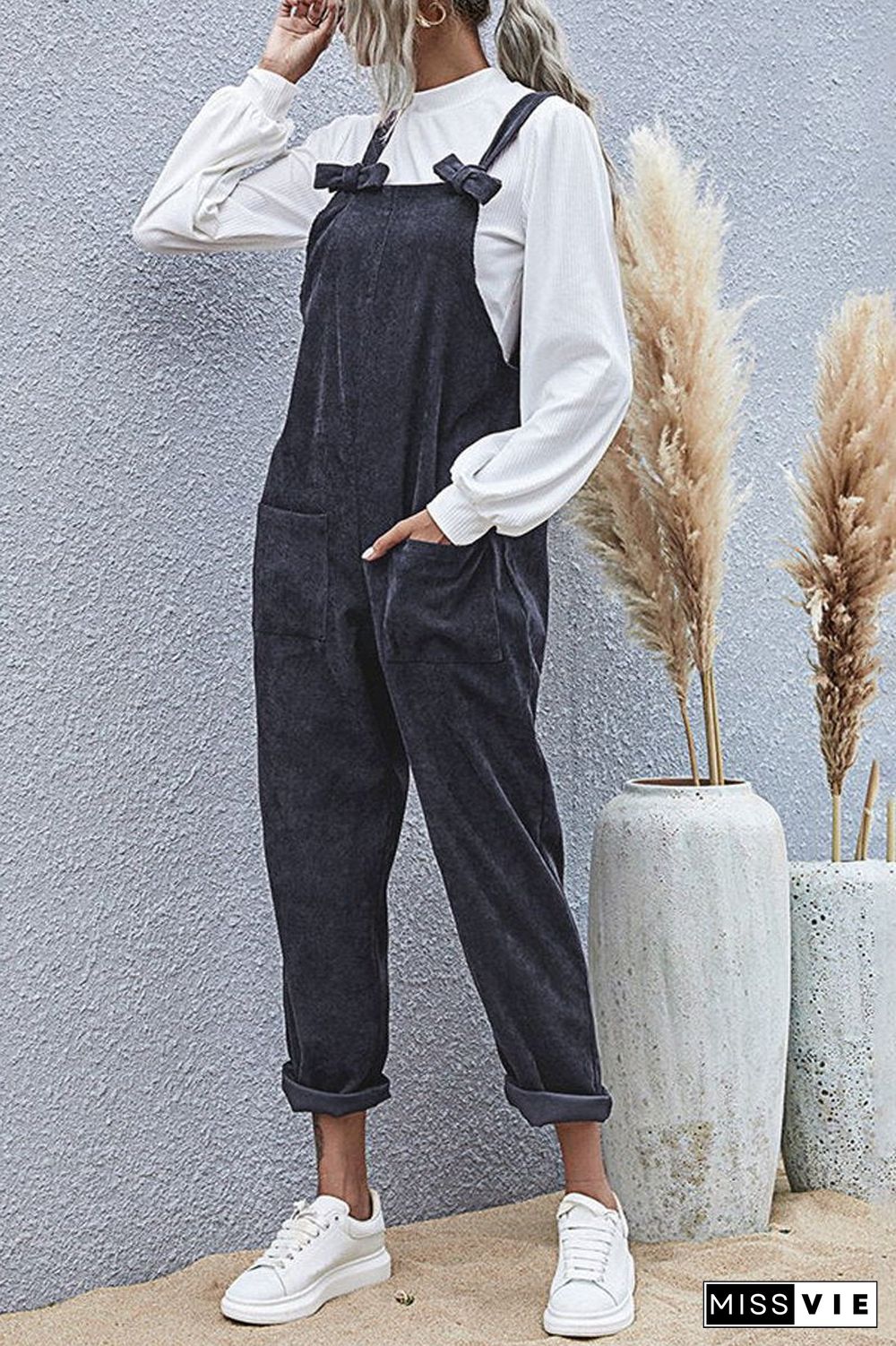 Solid Bowknot Double Pockets Overall