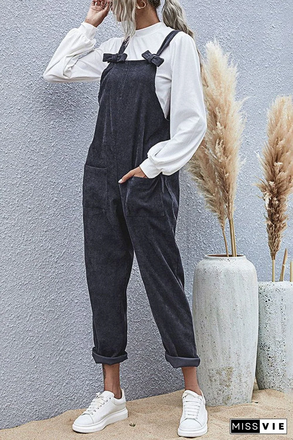 Solid Bowknot Double Pockets Overall