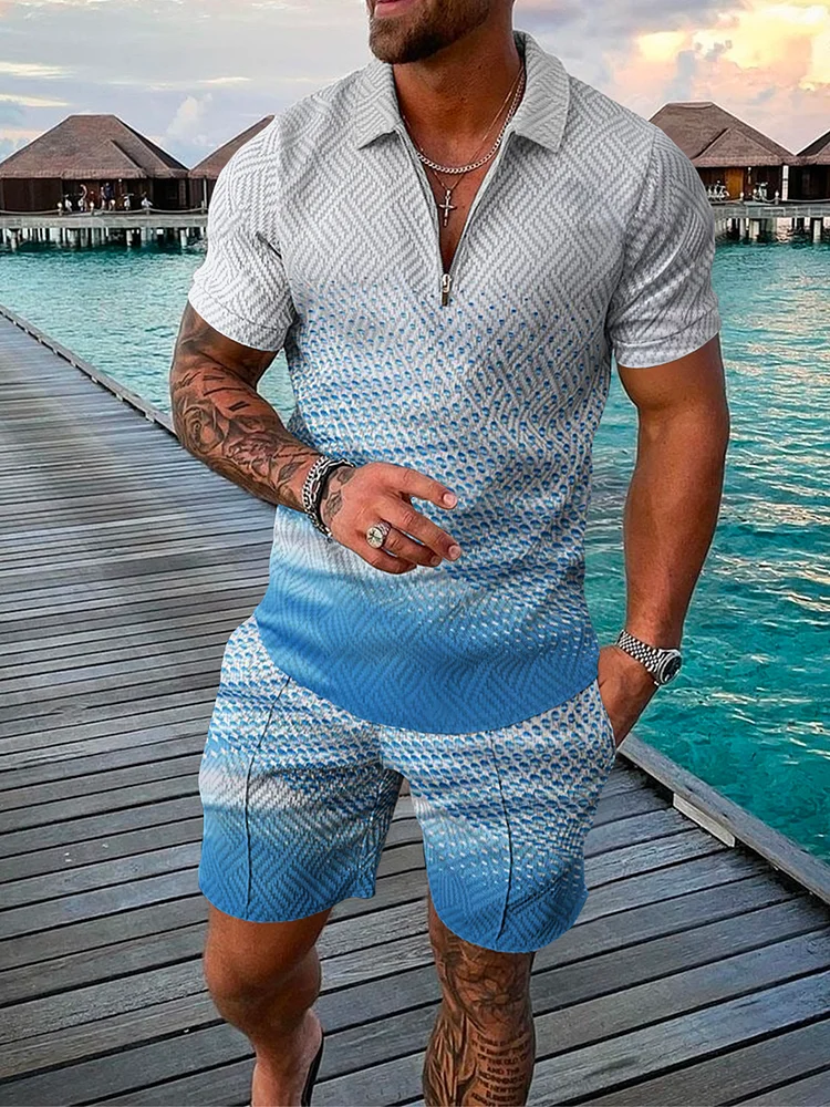 Men's Vacation Style Gradient Polka Dot Printing Polo Suit