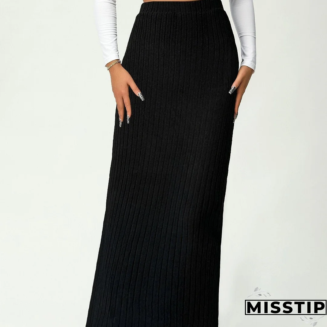 Solid Scallop Trim High Waist Skirt, Elegant Long Length Skirt For Spring & Fall, Women's Clothing