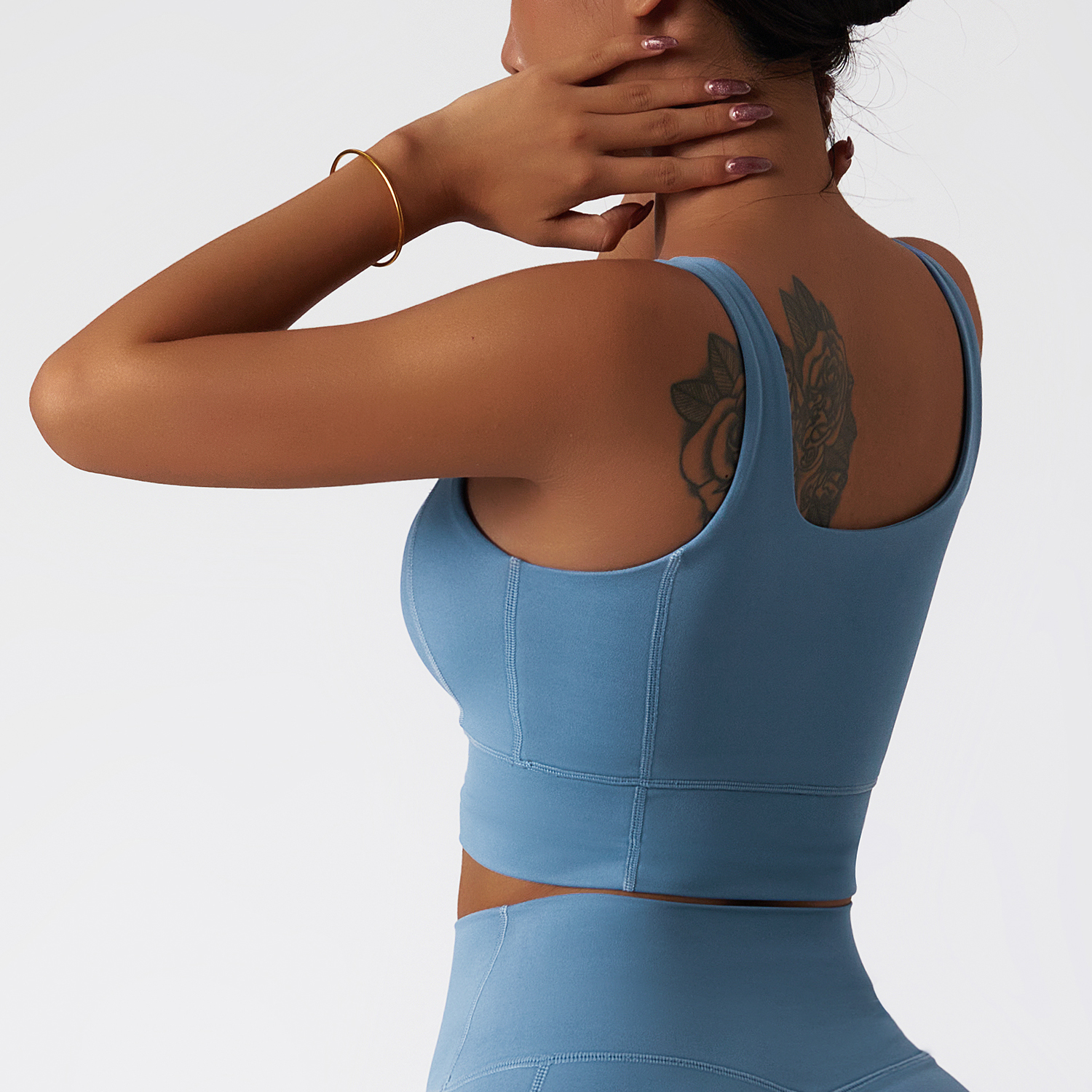 Buy Light Gray Blue widened hem buttery soft dri-fit comfort breathable lightweight high support workout vest bra with removable pads of high quality on Hergymclothing