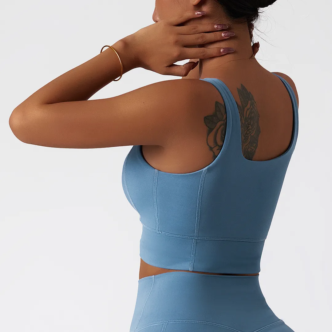 Buy Light Gray Blue widened hem buttery soft dri-fit comfort breathable lightweight high support workout vest bra with removable pads of high quality on Hergymclothing