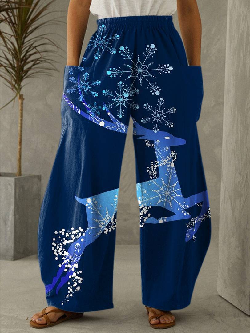  thdmladies Sparkling Christmas Elk Snowflake Print Casual Loose Pants thedmladies