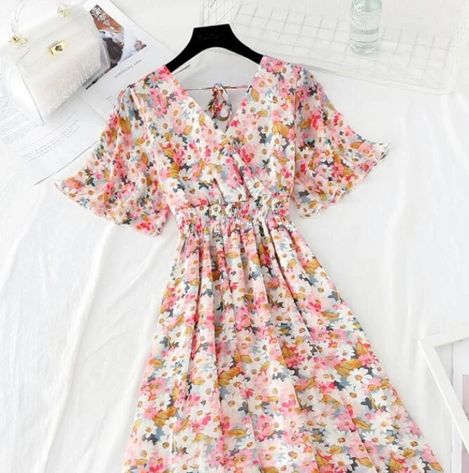 Summer Vintage Floral Chiffon Long Dress Sexy V-neck Ruffle Boho Dresses 2021 Elegant Women Party Short sleeve Dress Vestidos
