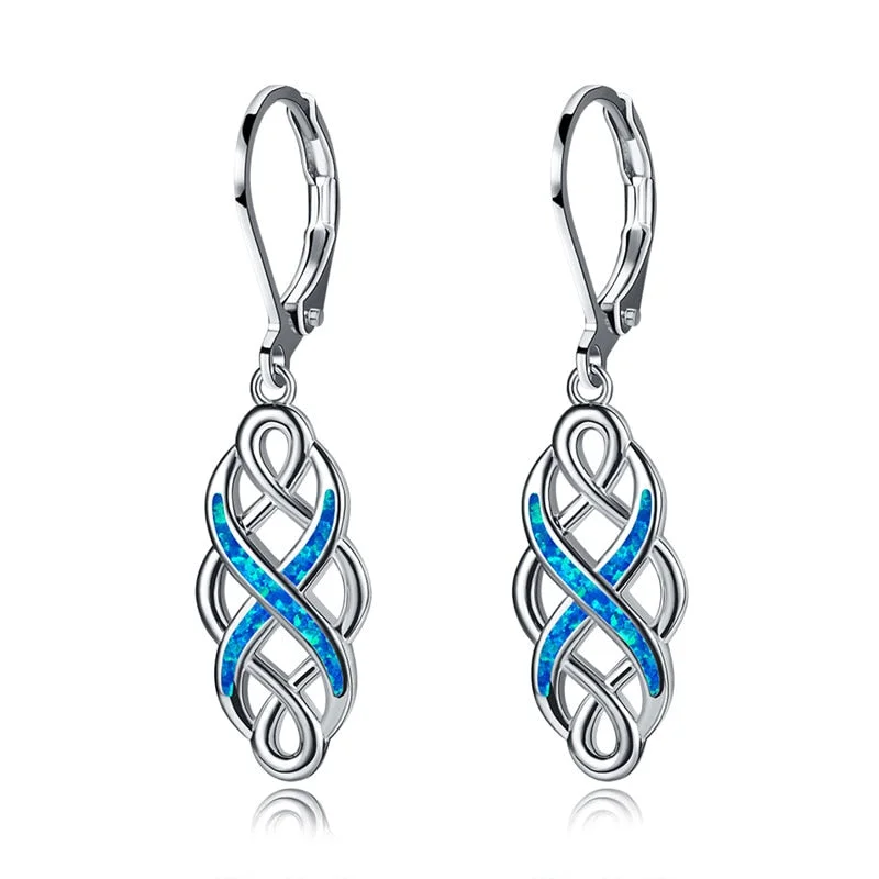 Charm Female Blue White Opal Drop Earrings Rose Gold Silver Color Clip Earrings For Women Cute Hollow Geometry Wedding Earrings