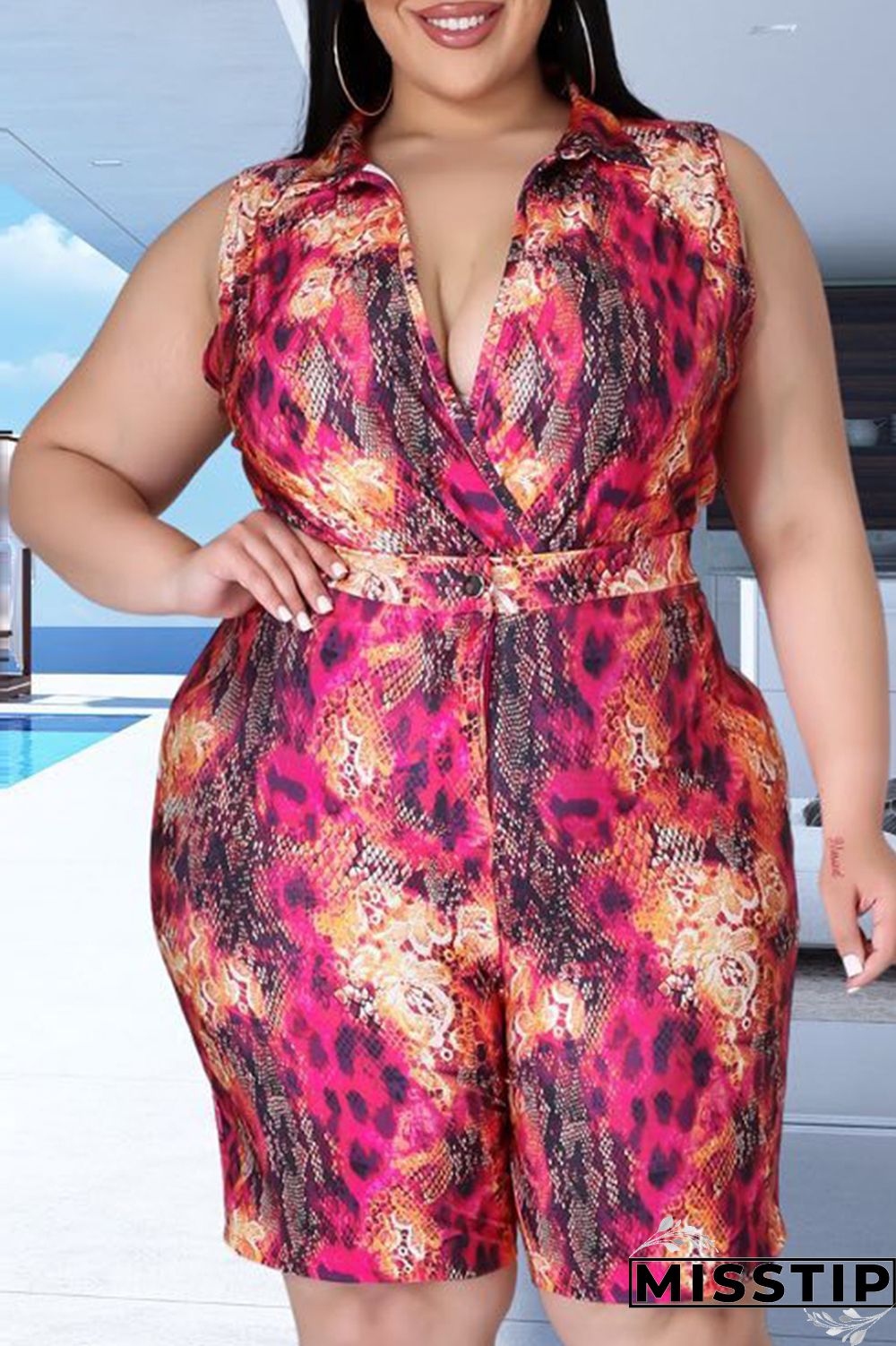 Multicolor Fashion Casual Print Patchwork Turndown Collar Plus Size Two Pieces