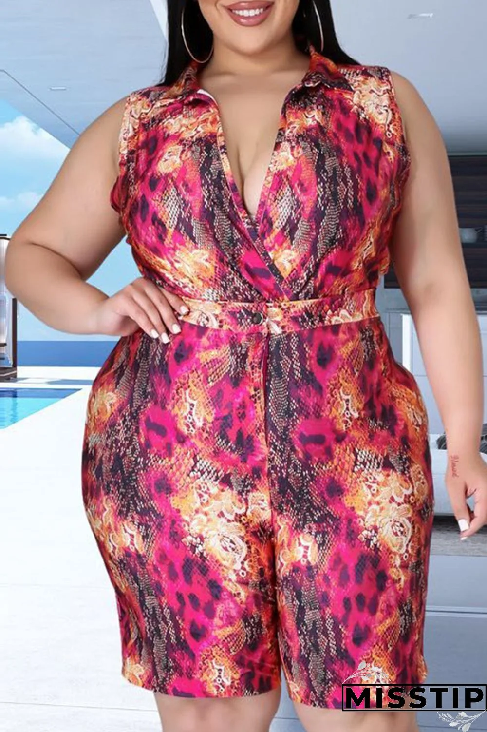 Multicolor Fashion Casual Print Patchwork Turndown Collar Plus Size Two Pieces