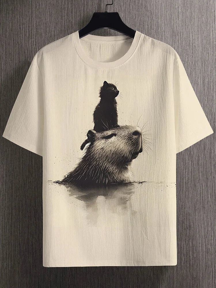 Men's Capybara And Black Cat Graphic Print Casual T-Shirt