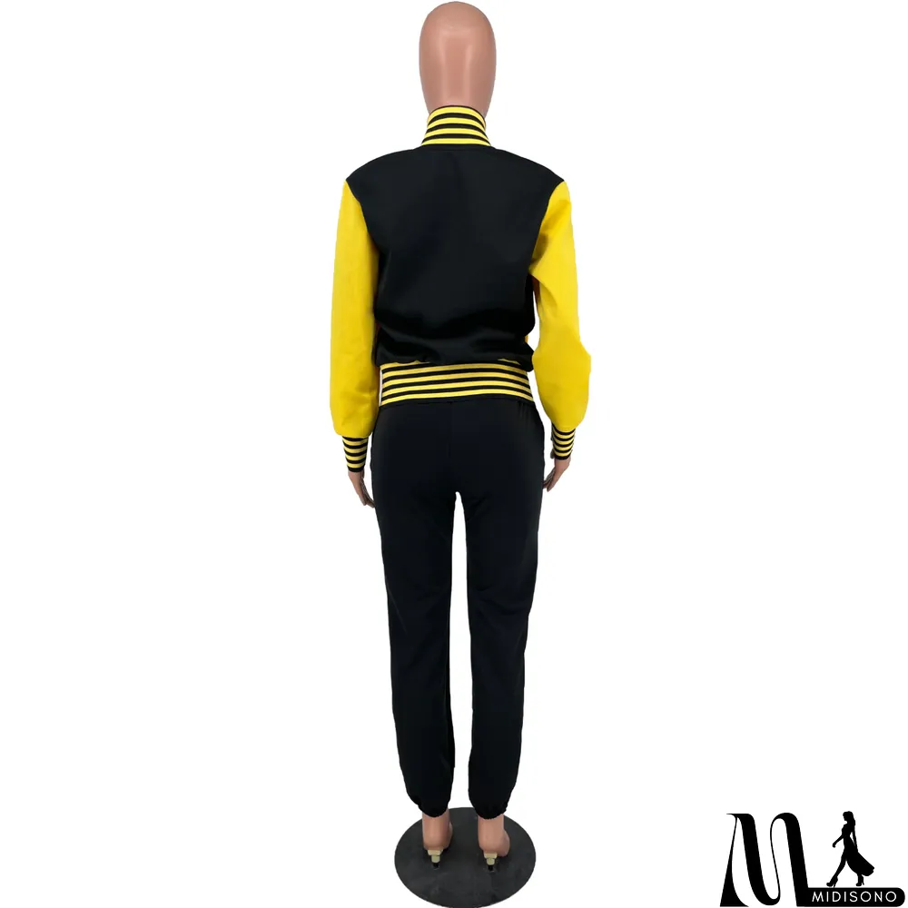 MidiSono - Women Letter Baseball Jacket and Pant Two-Piece Set
